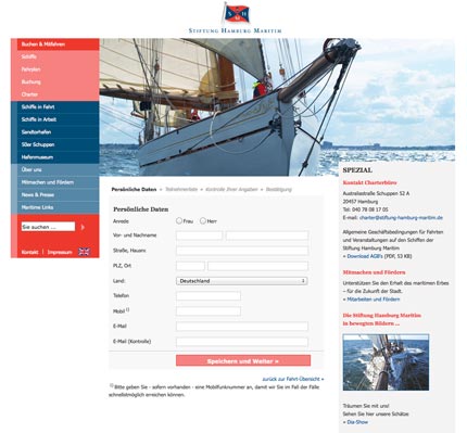 Online-Buchungssystem der Stiftung Hamburg Maritim: Formular Kundendaten