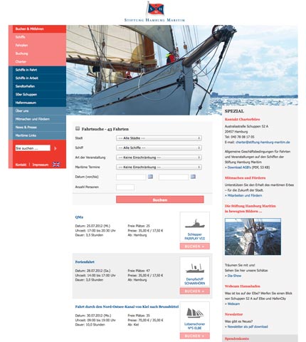 Online-Buchungssystem der Stiftung Hamburg Maritim: Fahrt-Suche und Übersicht